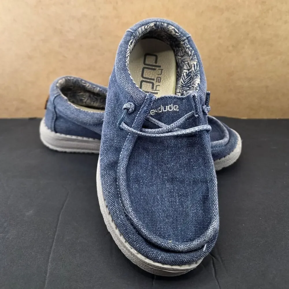 Hey Dude Wally Youth blue denim slip-on loafer shoes size 3